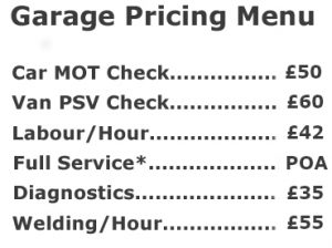 Garage Pricing Structure - All prices include VAT
